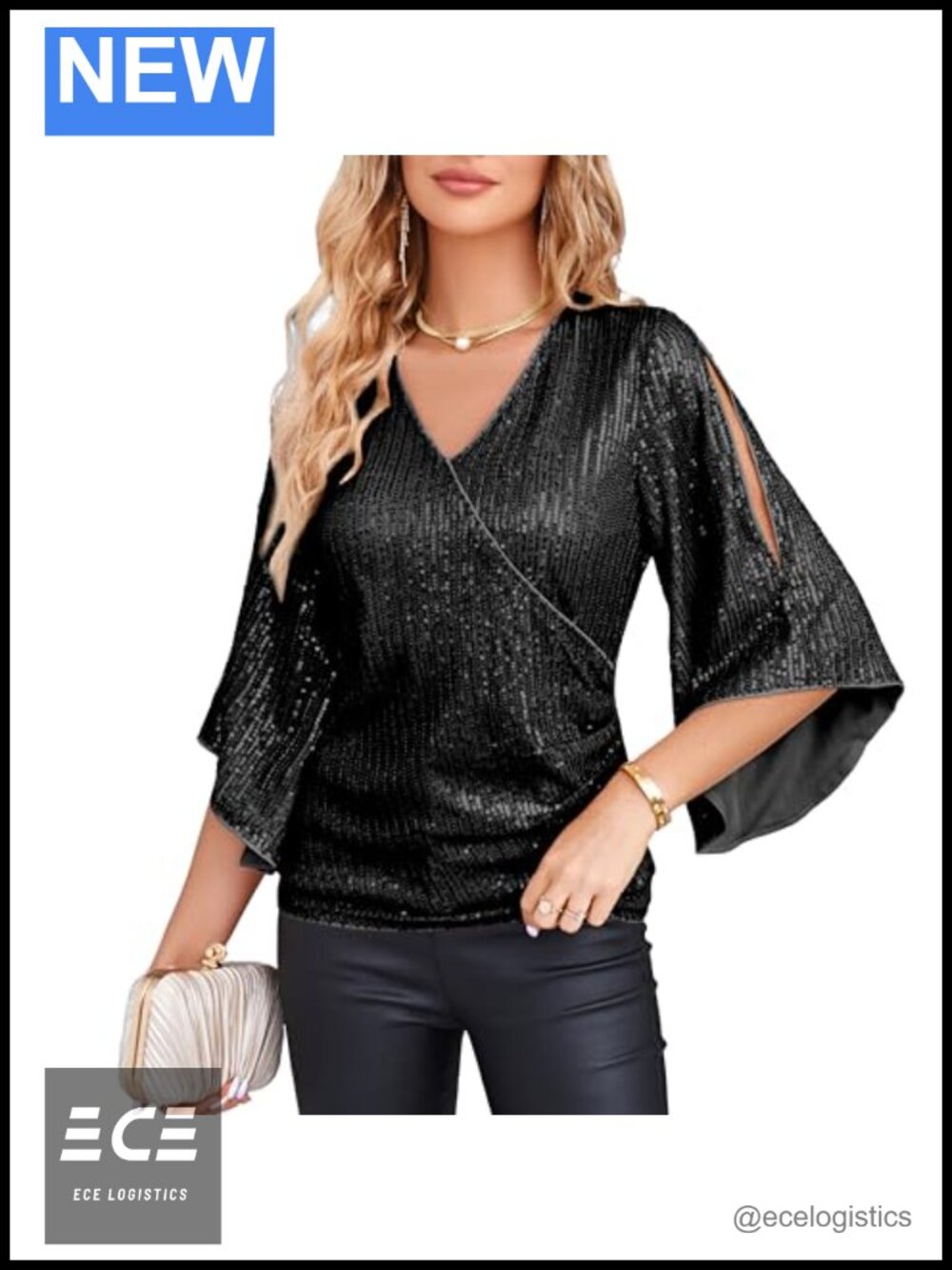 Sequin Party Blouse Women V-Neck Bell Sleeve Sparkly Evening Top